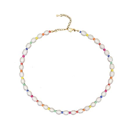 By Rebecca Boho Pearl Beaded Rainbow Necklace Multi
