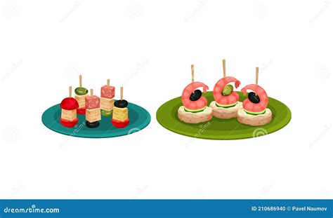 Finger Foods With Canape On Skewers As Small Portion Of Food Vector Set
