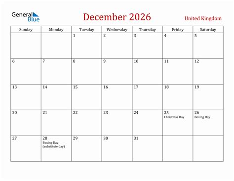 December 2026 United Kingdom Monthly Calendar With Holidays
