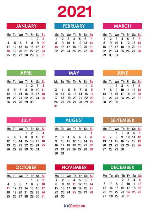 You may make a daily to do list and put the most crucial things that you require to get done at the top of the list. 2021 Calendar with Holidays, Printable Free, PDF, Colorful - Monday Start - NYCDesign.co ...