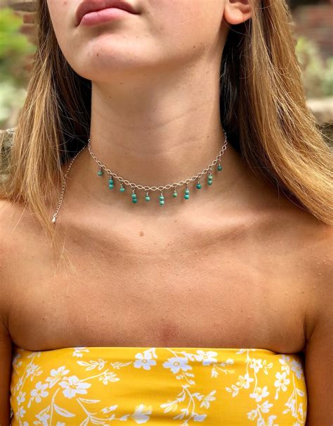 Dainty Dangle Turquoise Choker Necklace Layering Bead Etsy