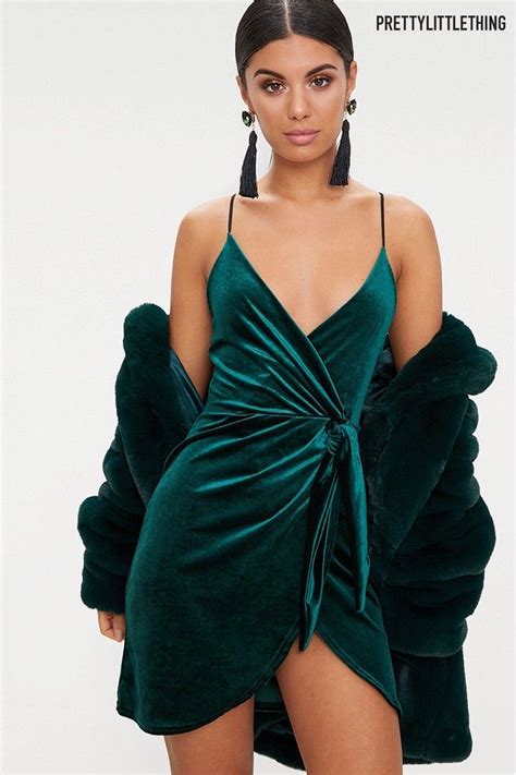 Womens Prettylittlething Velvet Wrap Front Bodycon Dress Green Velvet Dress Short Short