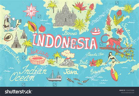 Illustrated Map Indonesia Travel Attractions Stock Vector Royalty Free
