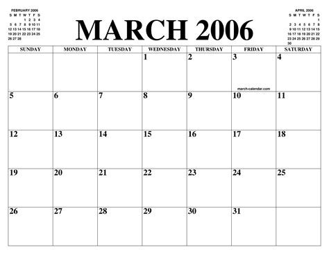 March 2006 Calendar Of The Month Free Printable March Calendar Of The