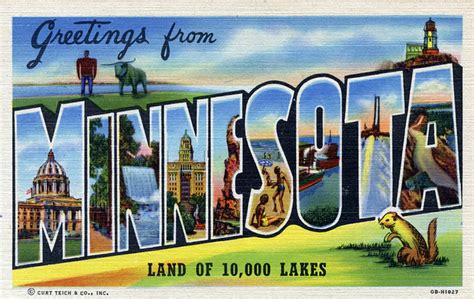 Greetings From Minnesota Land Of 10000 Lakes Large Letter Postcard