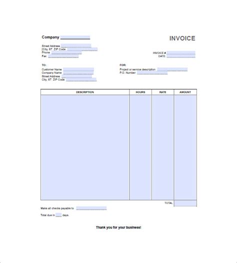 Hourly Invoice Template 8 Free Word Excel Pdf Format Download