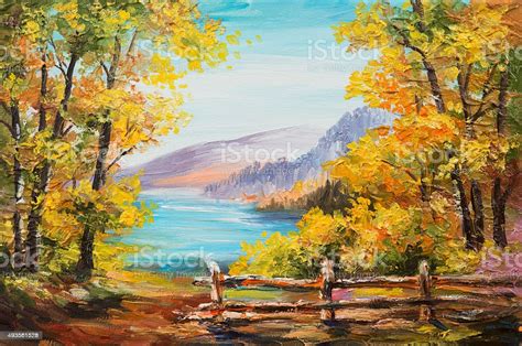 Oil Painting Landscape Colorful Autumn Forest Mountain Lake Stock