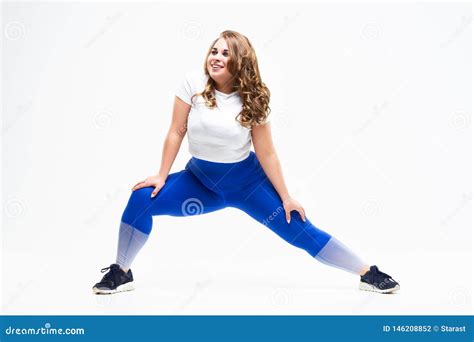 Plus Size Model In Sportswear Fat Woman Doing Workout On White Background Body Positive