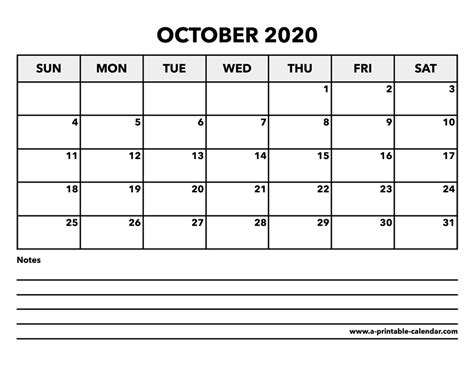 Calendar October 2020 A Printable Calendar