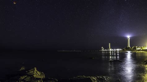 Nature Landscape Water Sea Night Stars Rock Horizon Lighthouse