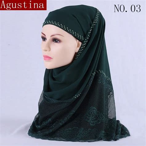 Chiffon Scarf Muslim Lace Patchwork Hijab Fashion Diamonds Women Black Shawl Headband Thin