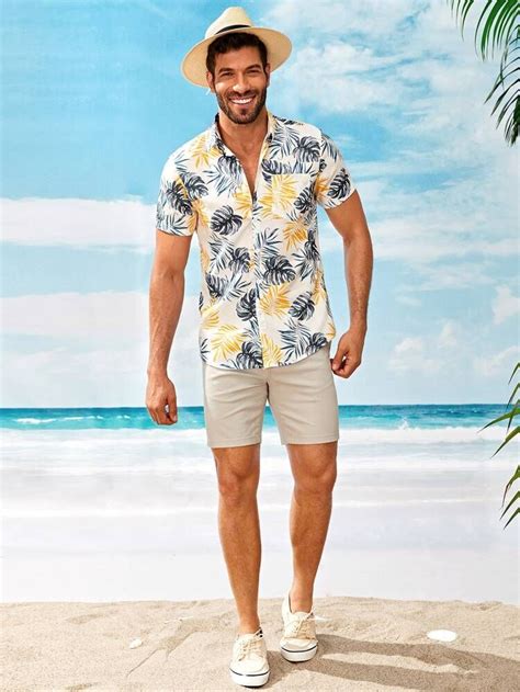 Men Tropical Print Curved Hem Hawaiian Shirt Mens Beach Shirts Beach