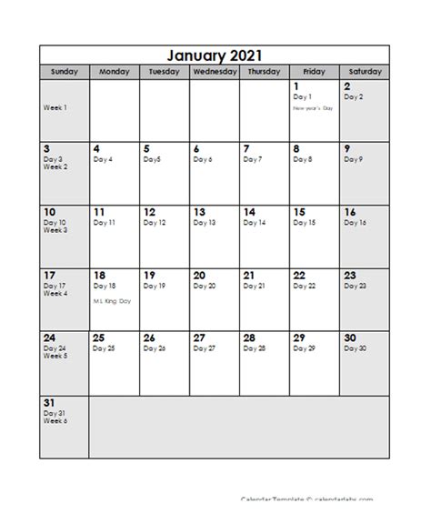 2021 Calendar With Julian Dates Printable