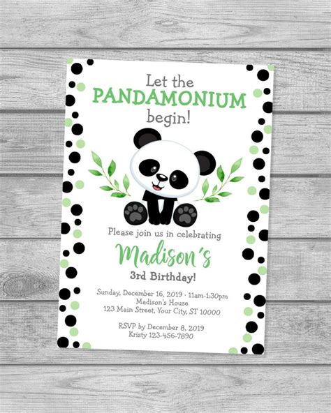 Panda Birthday Invitation Panda Bear Invitation Panda Green Etsy