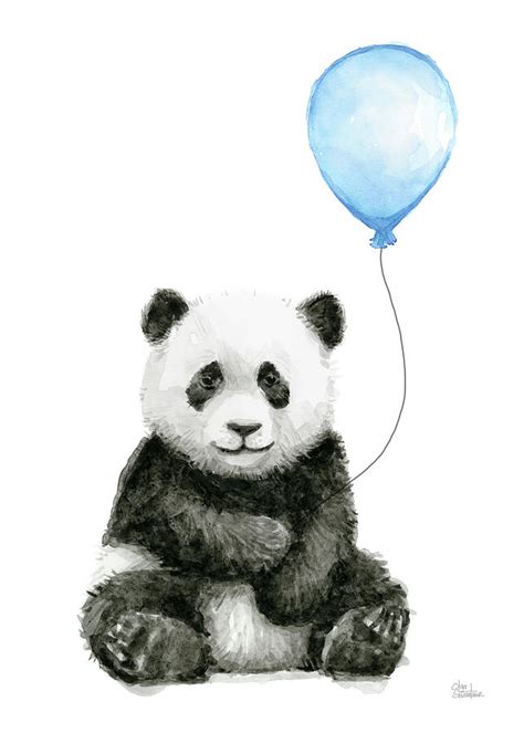 Baby Panda With Blue Balloon Watercolor Painting By Olga Shvartsur
