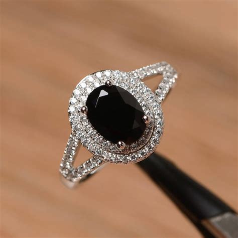 Halo Real Natural Black Spinel Ring Promise Ring Sterling Etsy