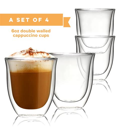 Glass Cappuccino Cups Double Walled Coffee Glasses Set Of 4 Clear