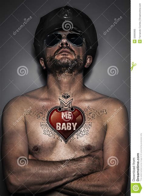 Heart Tattoo Police Sexy Naked Man With Cap And Glasses
