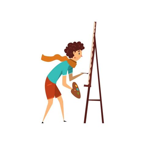Premium Vector Woman Artist Character Drawing On An Easel With Paints