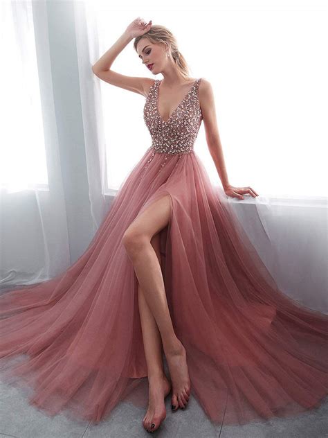 A Line V Neck Pink Tulle Prom Dress With Corset Back Pink V Neck Form