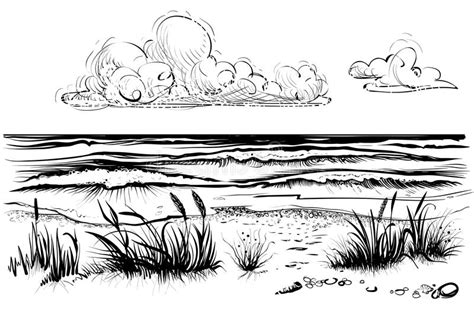 Ocean Or Sea Beach With Stormy Waves Grass And Cloud Sketch Stock