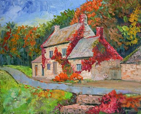 Village Old House With Flowers Garden Landscape Original Oil Painting
