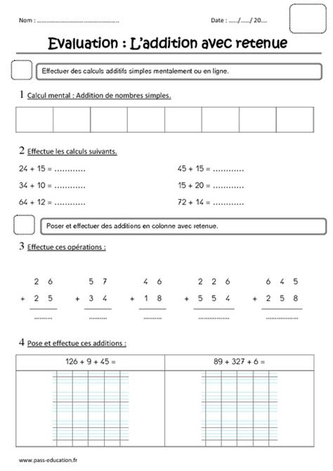 Soustraire en ligne compétences évaluées utiliser plusieurs méthodes exercices de ce1 sur la soustraction en colonne sans retenue. Addition avec retenue - Ce1 - Evaluation - Pass Education