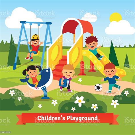 Kids Playing On Playground Swinging And Sliding Stock Illustration