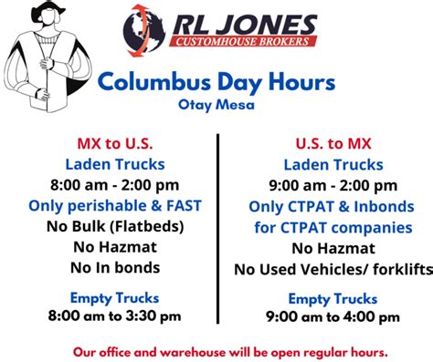 Otay Mesa Hours Of Operation For Columbus Day On Monday October 10