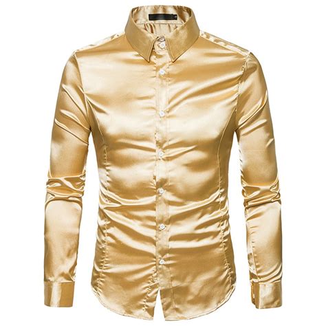 Smooth Silk Satin Shirt Men Slim Fit Long Sleeve Shiny Gold Silver