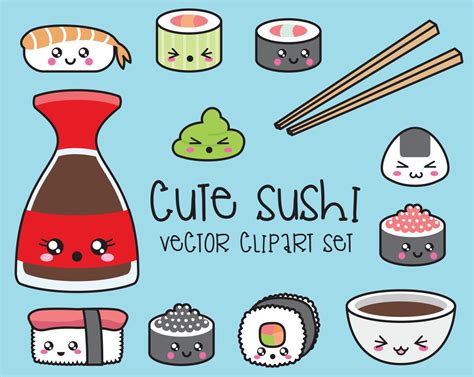 Premium Vector Clipart Kawaii Sushi Clipart Kawaii Sushi Etsy