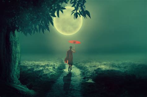 Free Images Tree Moon Dirt Road Monk Umbrella Moonlight Boy