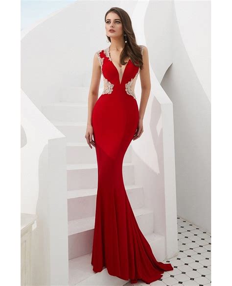 Mermaid Tight Red V Neck Prom Dress With Beading Sheer Back F014