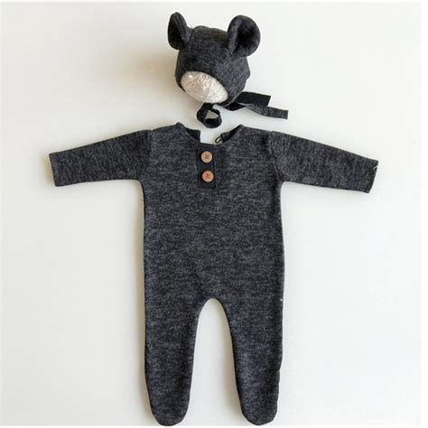 Newborn Baby Boy Footed Romper With Beanie Charcoal