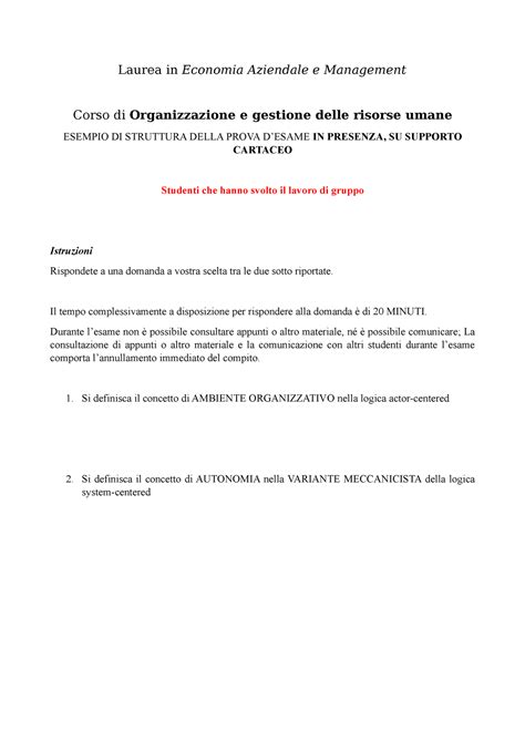 Esempio Di Struttura Della Prova Desame Laurea In Economia Aziendale