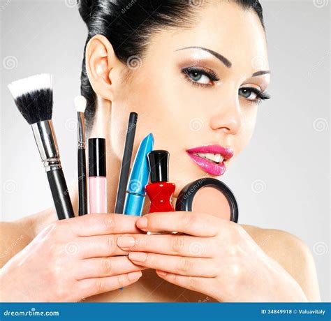 Beautiful Woman With Makeup Brushes Stock Photo Image Of Female