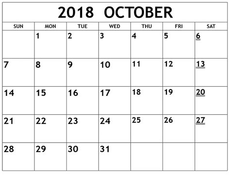 October 2018 Pdf Printable Calendar Calendar Printables October