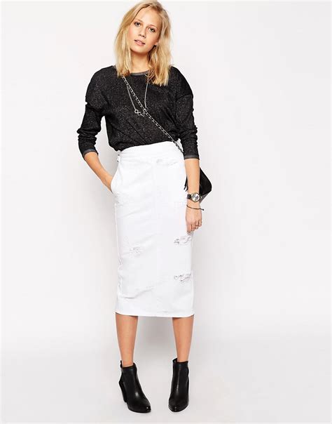 Image 1 Of Asos Denim High Waisted Midi Skirt With Rips In White