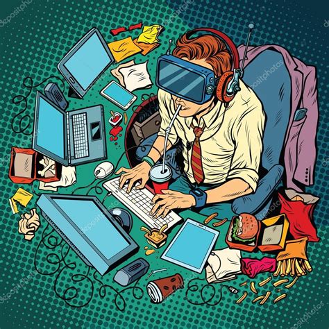 It Geek Working On Computers Virtual Reality Stock Vector Image By