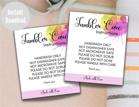 Ready To Print Tumbler Cup Care Instructions Card Printable Etsy