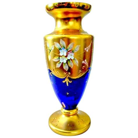 Murano Venetian Vase 22k Gold Enamel Flowers Cobalt Blue 11” Vase