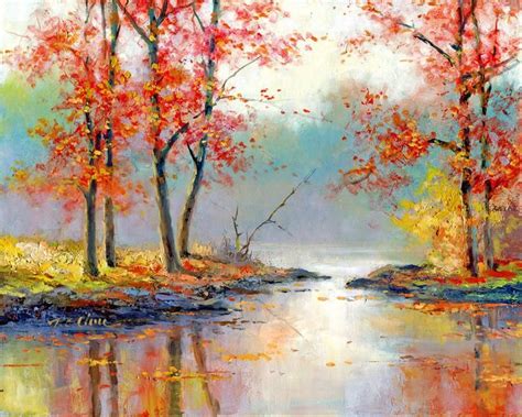 Fall Scene Art Print Of Watercolor Painting Trees Nature Lake