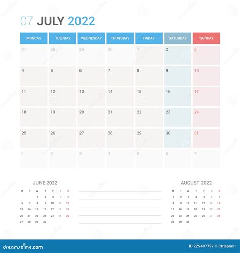July 2022 Planner Calendar Week Starts On Monday Stock Vector