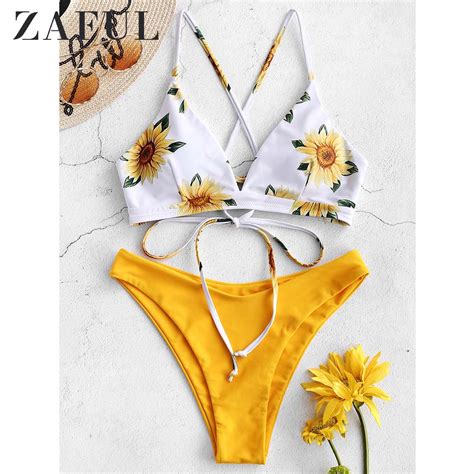 Zaful Sunflower Print Lace Up Crisscross Bikini Set High Cut Swimsuit