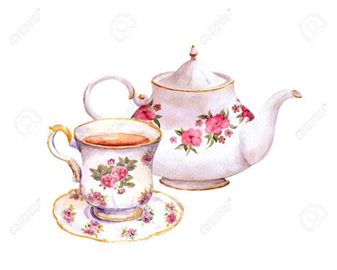 Tea Cup And Teapot With Flowers Design Watercolor Stock Photo Picture