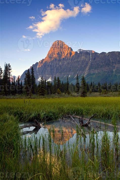 Sunrise And Reflection Of Mount Chephren Banff National Park Alberta