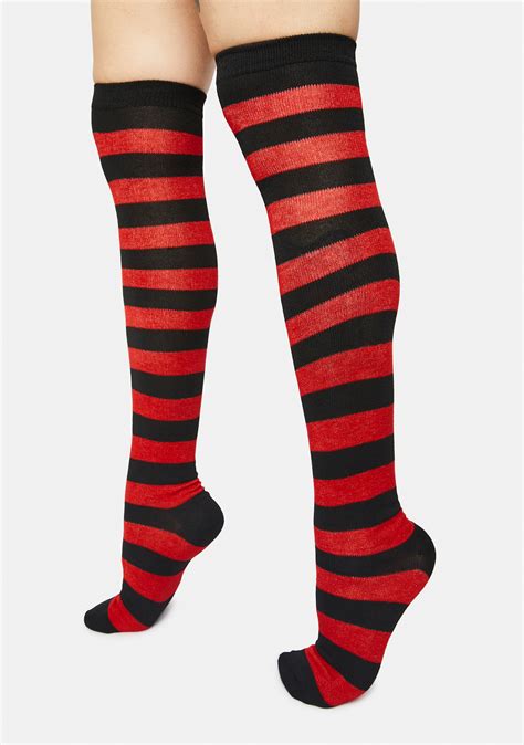 Striped Knee High Socks Black Red Dolls Kill