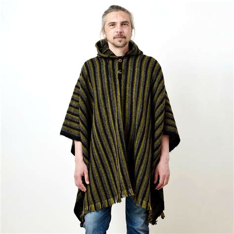 Llama Wool Unisex South American Handwoven Hooded Poncho Thin Stripe