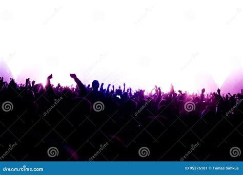 Night Club Silhouette Crowd Hands Up At Confetti Steam Stage Editorial