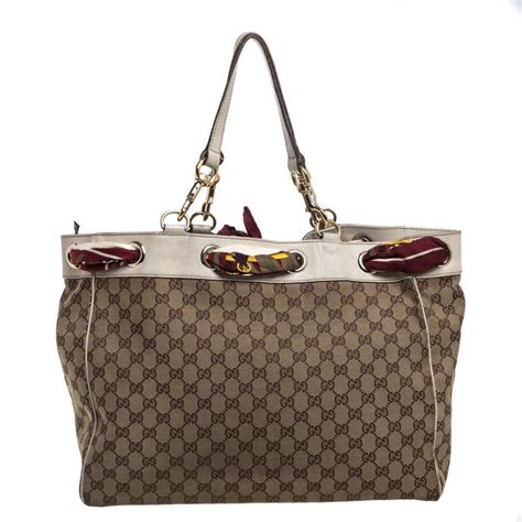 Gucci Beige Off White Gg Canvas And Leather Large Positano Scarf Tote For Sale At 1stdibs